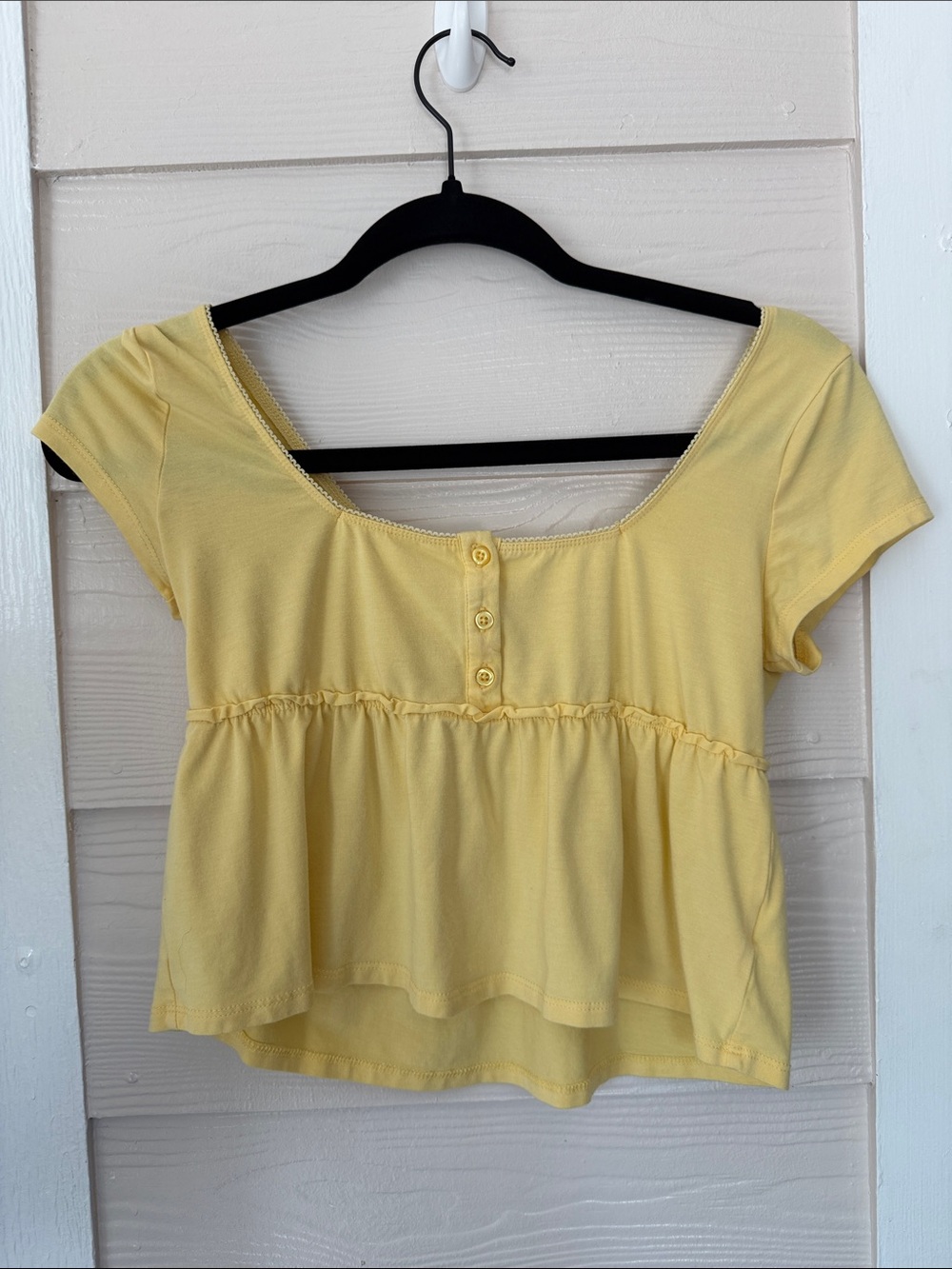 No Boundaries Yellow Peplum Crop Top with Button Front